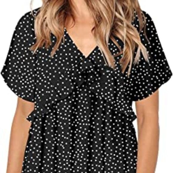 liher Women Summer Dress V Neck Short Sleeve Ruffle Casual Loose Swing Dresses - Picture 3 of 6